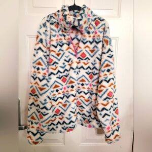 Eddie Bauer Colorful Print Sherpa‎ Pull Over Sweater Jacket Size XXL